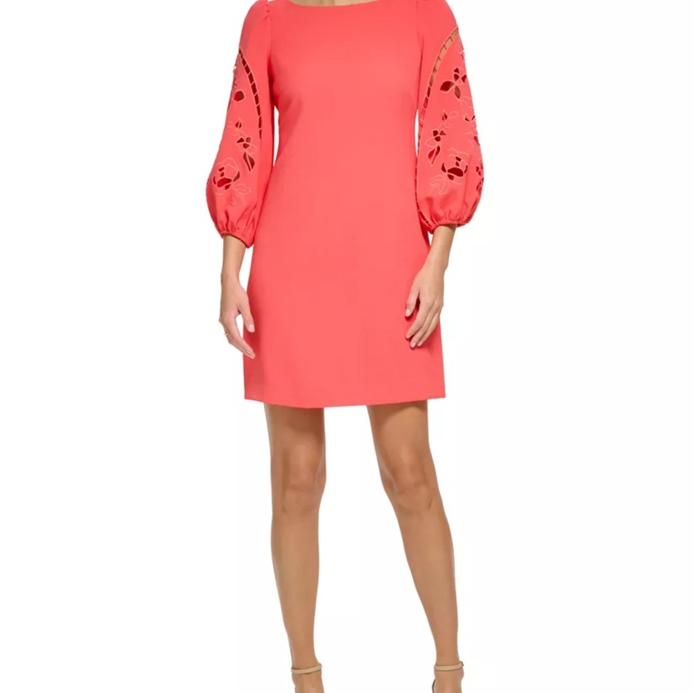 NWT Vince Camuto coral/red Eyelet Sleeve Shift Dress Puff Sleeve Mini ~ Size 2 - Picture 10 of 10